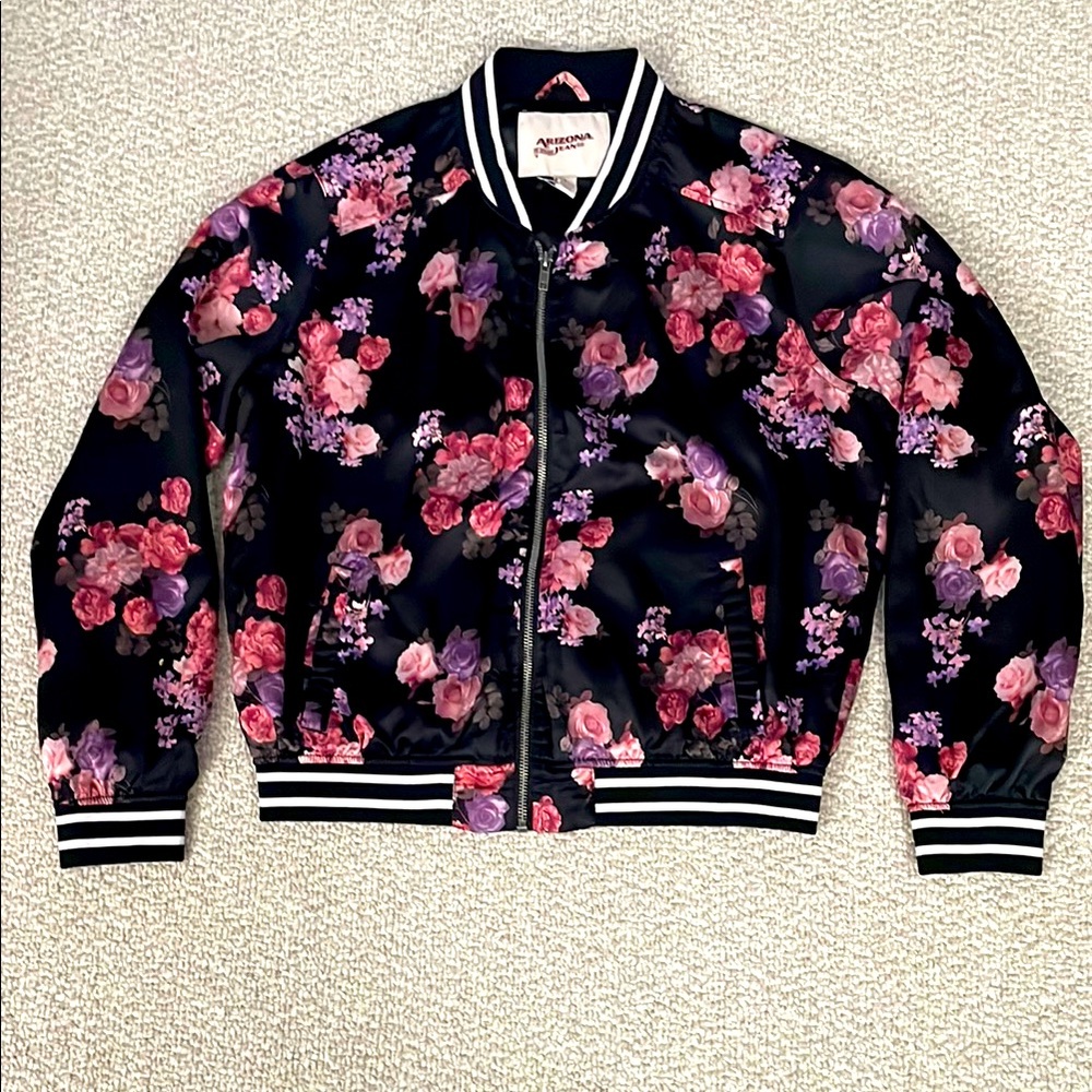Women’s Arizona Jeans Black and Pink Red Bomber Jacket with Floral Design Size L